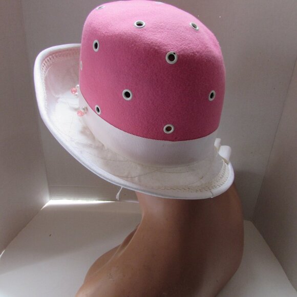 Vintage 1970 Era Hat High Crown Pink Felt White Brim main image 13